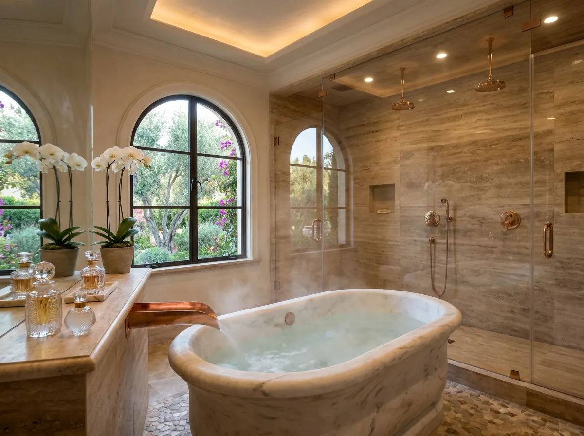 ÖND palatial marble bathroom with copper waterfall faucet