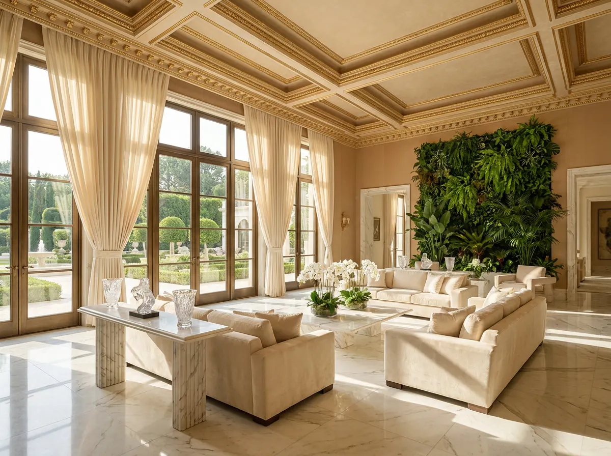 ÖND palatial grand salon with Calacatta marble, crystal Lalique vases, and biophilic design
