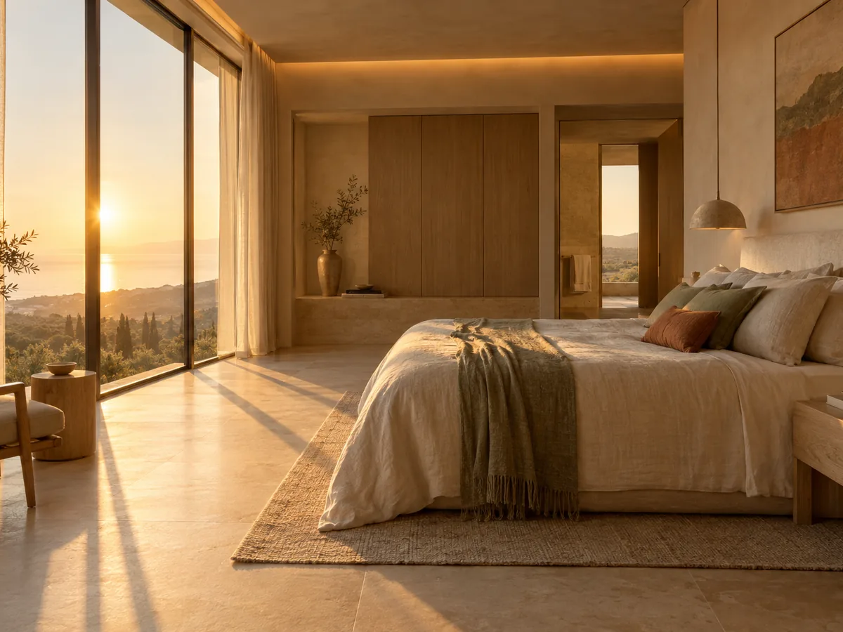 Circadian light architecture — sunrise light streaming into a serene ÖND bedroom