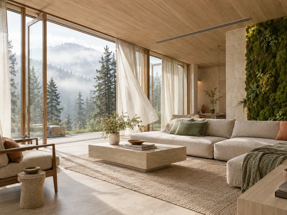 Air excellence — windows open to a misty pine forest with sheer curtains and a living moss wall
