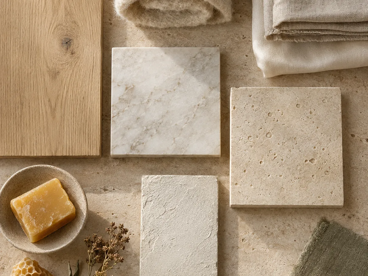 Material purity — natural oak, wool, linen, marble, limestone and lime plaster samples