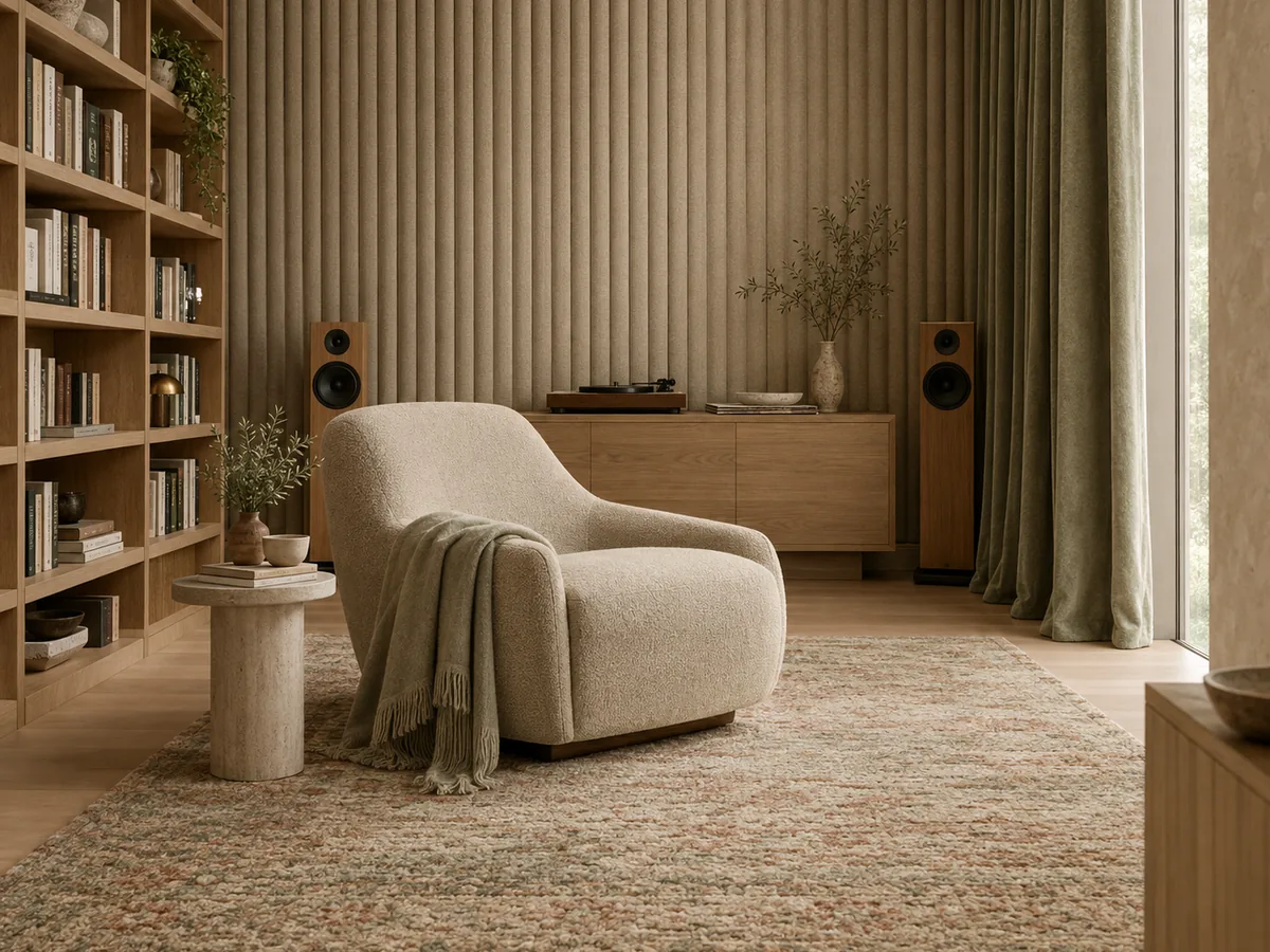 Acoustic serenity — a hushed listening room with fluted wool-felt acoustic panels and deep rugs