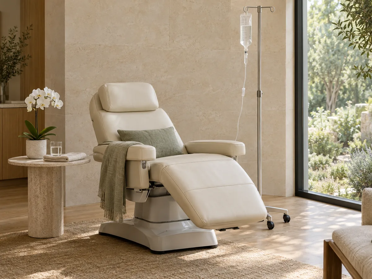 Blood filtration and detoxification — a private treatment suite with reclining chair and IV drip