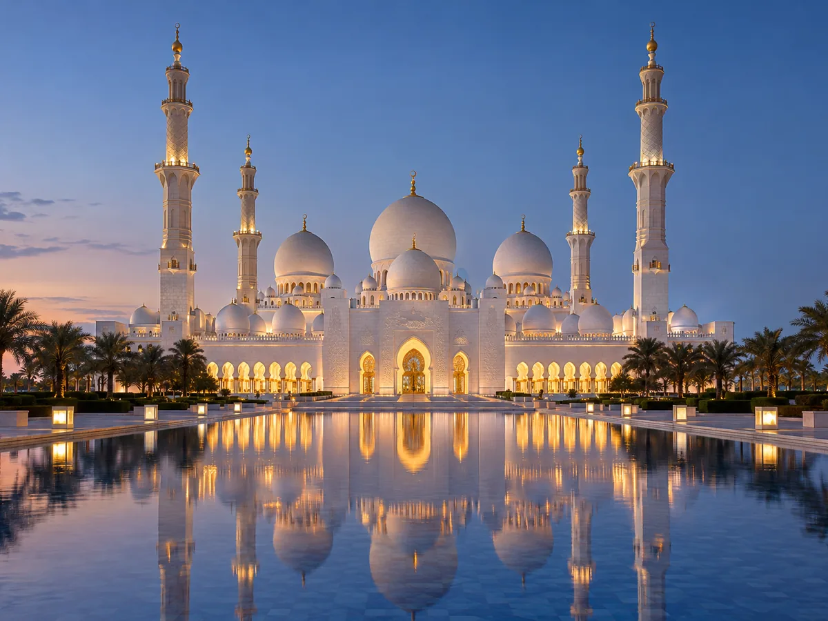 Sheikh Zayed Grand Mosque in Abu Dhabi reflected in its pools at blue hour