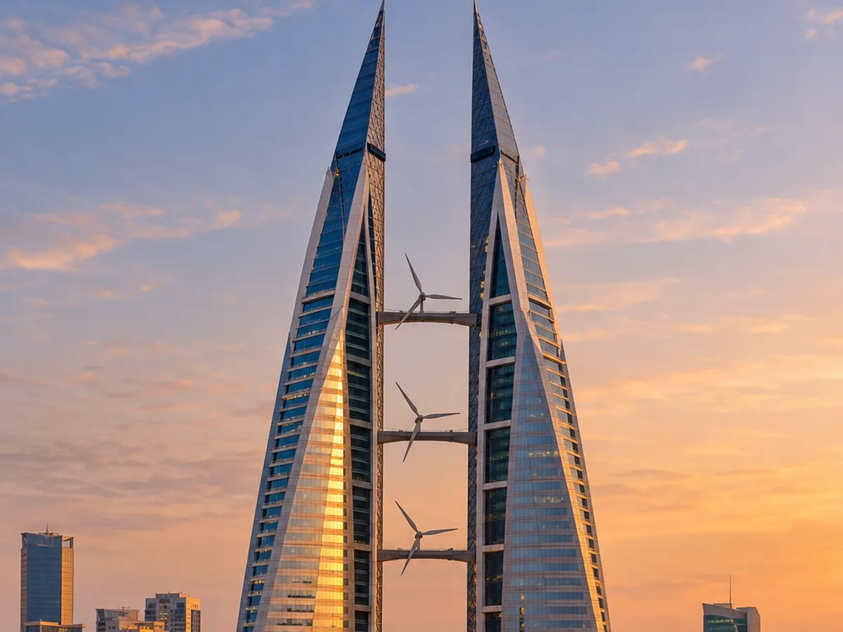 Bahrain World Trade Center towers in Manama at dusk
