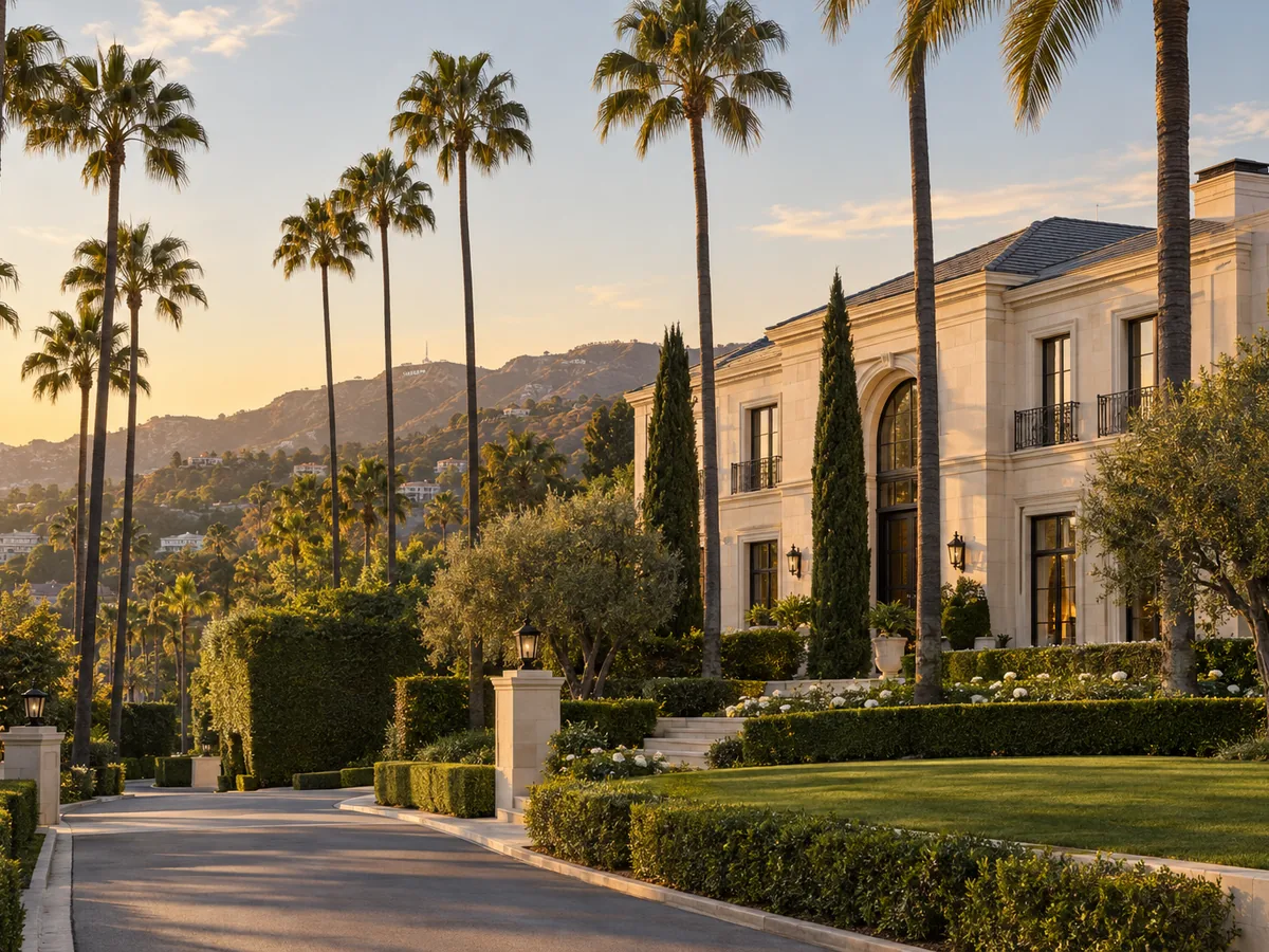 Beverly Hills estate with palm-lined drive and the Hollywood Hills beyond