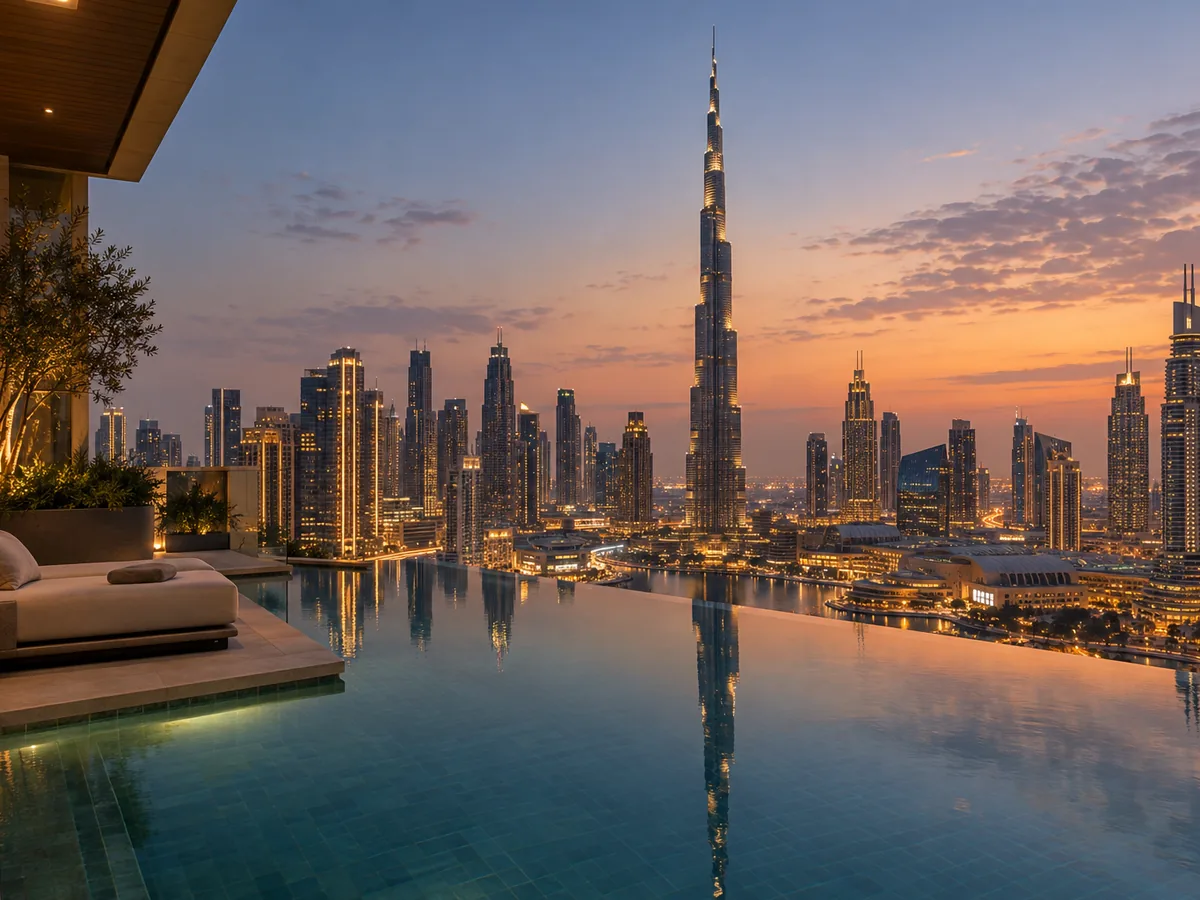 Burj Khalifa and the Dubai skyline at dusk reflected in an infinity pool
