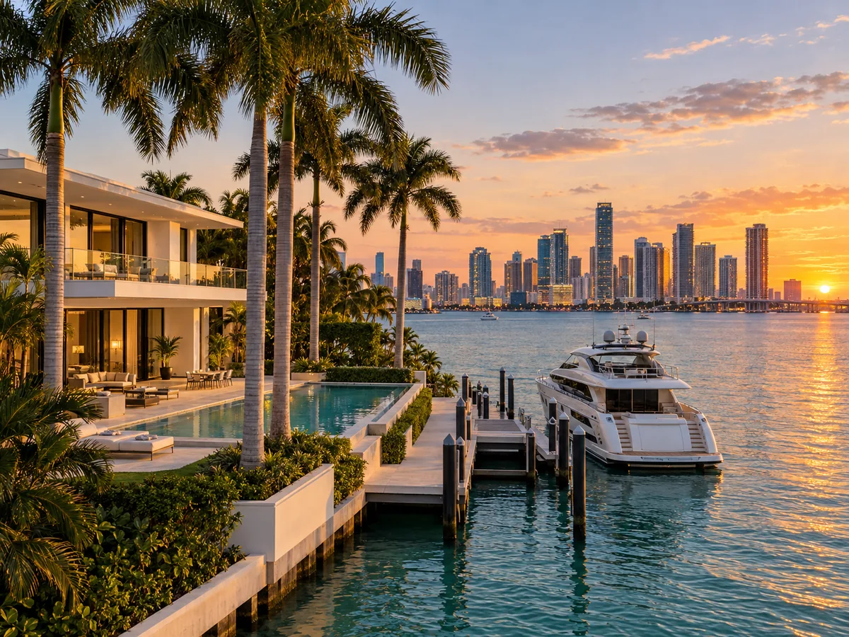 Waterfront estate with royal palms and a yacht dock on Biscayne Bay, Miami, at sunset