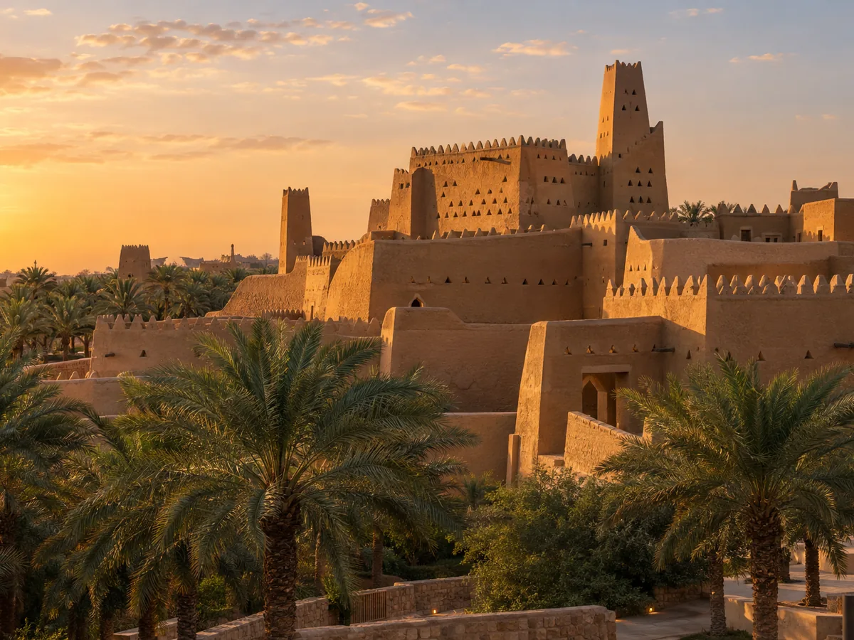 Historic Najdi mud-brick architecture of At-Turaif, Diriyah, in Riyadh at golden hour