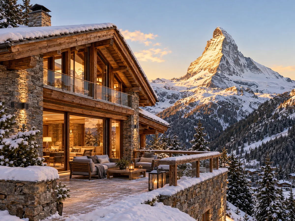 Luxury alpine chalet in Zermatt beneath the Matterhorn at golden hour, Switzerland